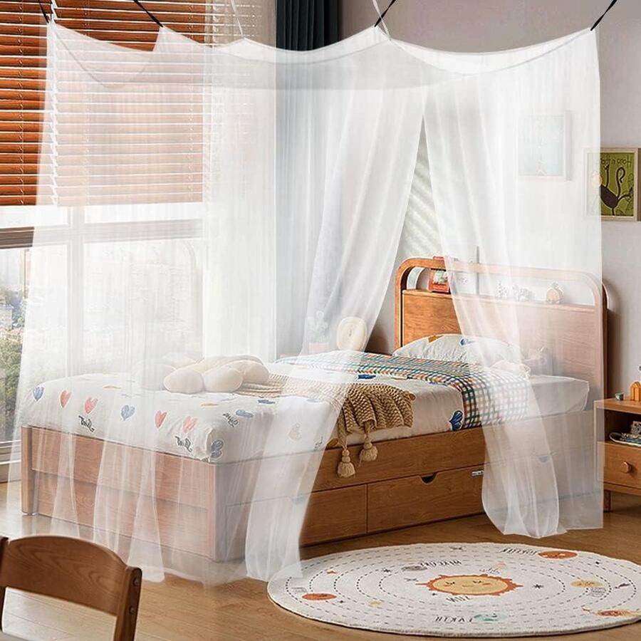 Eenpersoonsbed vierkant muggennet 6 ophangpunten kleefhaken insectenbescherming voor bed reizen en thuis 100x200x200 cm