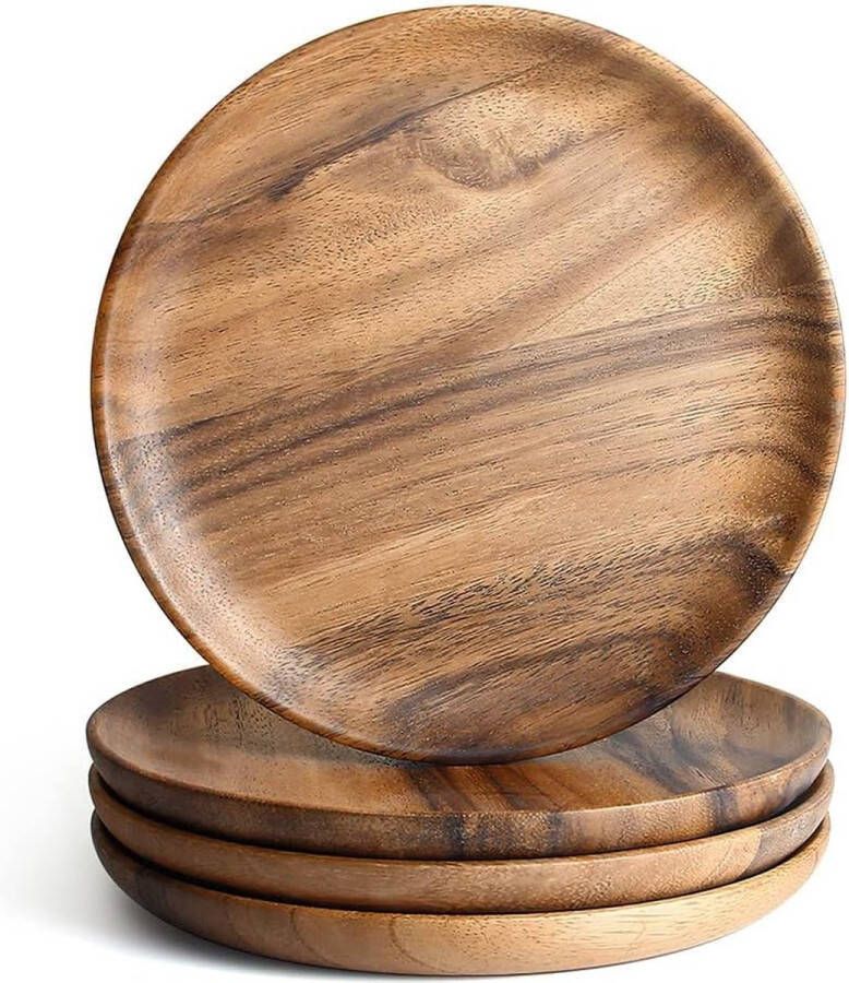 Eetborden van acaciahout 20 cm ronde houten borden in set van 4 eenvoudige reiniging en gering gewicht voor gerechten snacks desserts klassieke borden voor Kerstmis