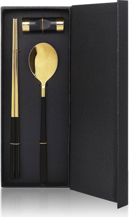 Eetstokjes en Lepels Roestvrijstalen Bestek Geschenkset Zwart Goud Chopsticks