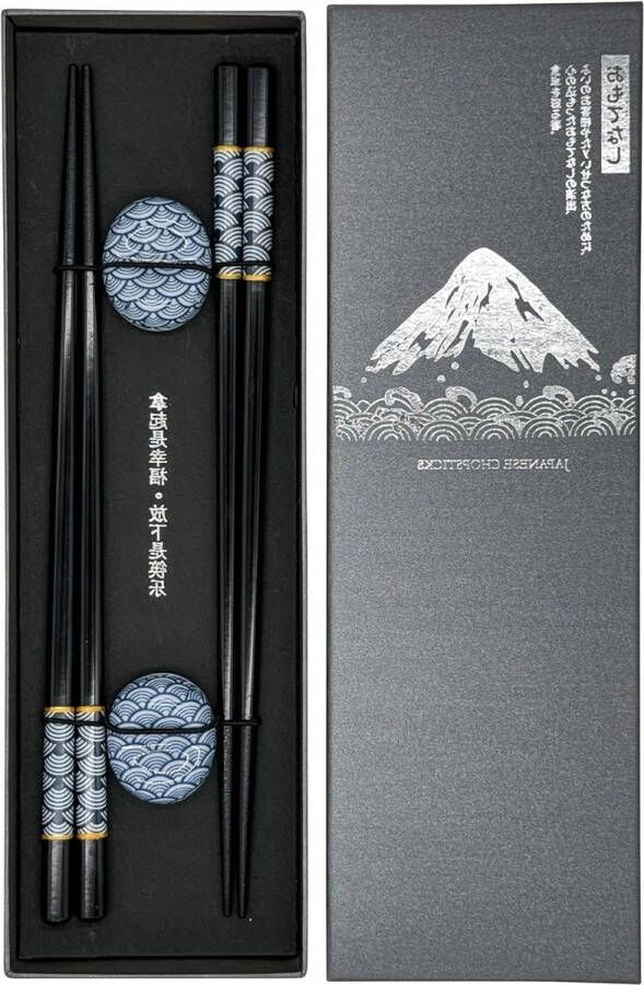Eetstokjes premium hout Sushi cadeauset 2 paar inclusief keramische onderleggers Aziatisch Japans Chinees Koreaans zwart met doos Chopsticks