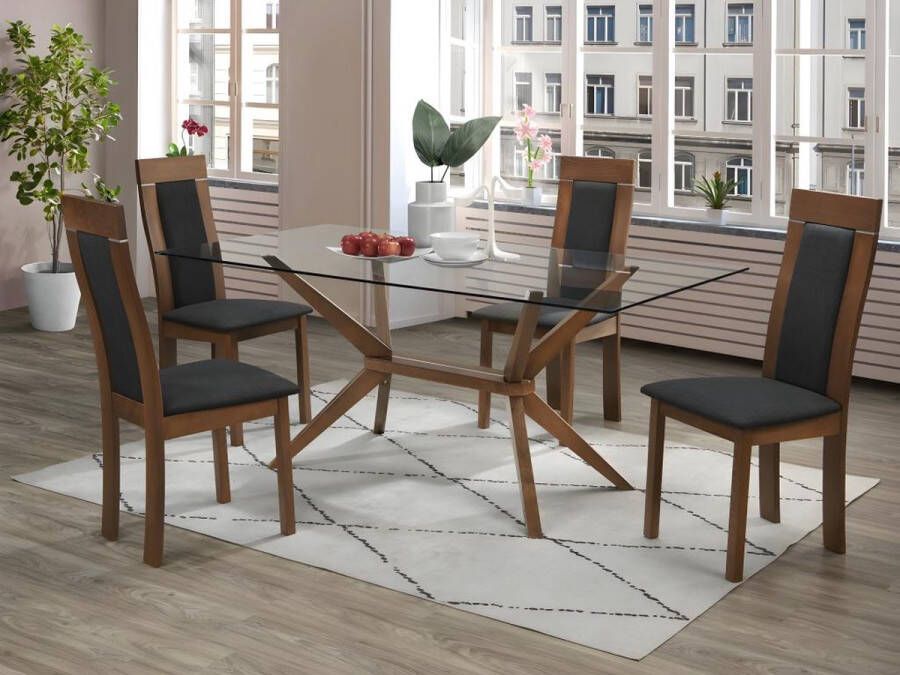 Merkloos Sans marque Eettafel BELINDA 6 personen Gehard glas en beukenhout L 180 cm x H 75 cm x D 90 cm