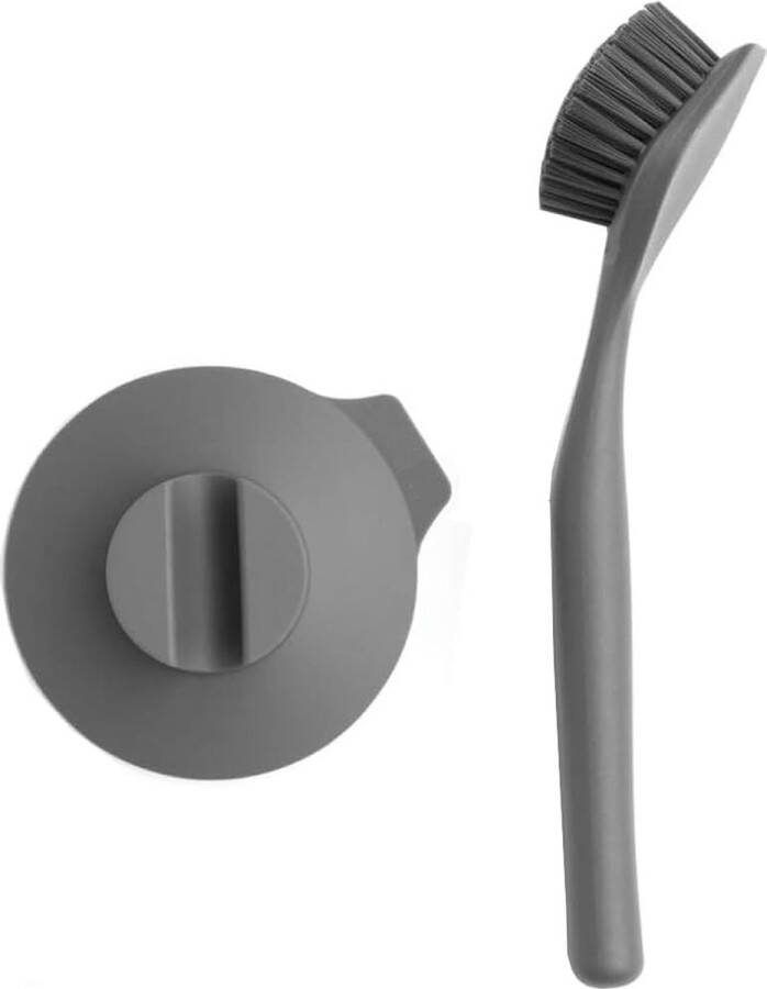 Efficiënte Afwasborstel Met Zuignaphouder – Ergonomische Greep Voor Stevige Houvast – Inclusief Schraper Voor Hardnekkig Vuil – Ruimtebesparend Design – Donkergrijs