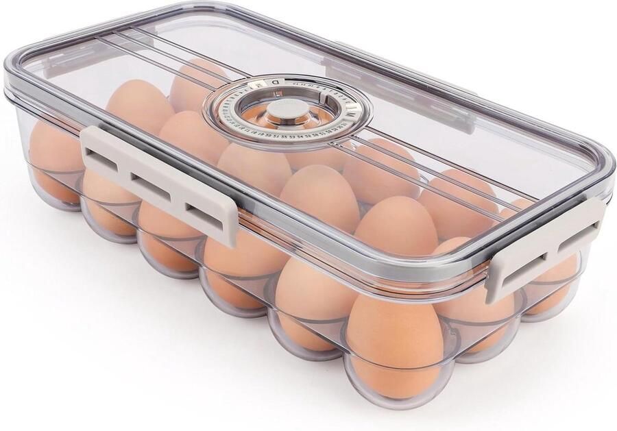 Egg Storage Container with Timer Lid Plastic 18 Egg Tray Portable Clear Organizer Box for Fridge Month Day Timer