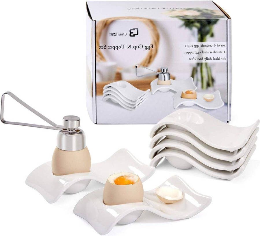 Eierbekers Set van 6 keramische eierhouder+ eiersnijder wit eierdopdecor voor ontbijt en brunch