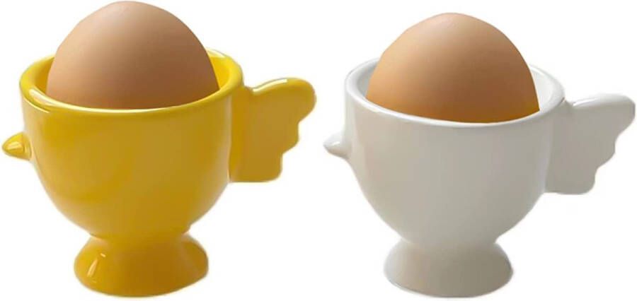 Eierdopje grappig set van 2 porseleinen eierdopjes keramiek praktische eierhouder in schattige kuikenvorm ontwerp wit + geel