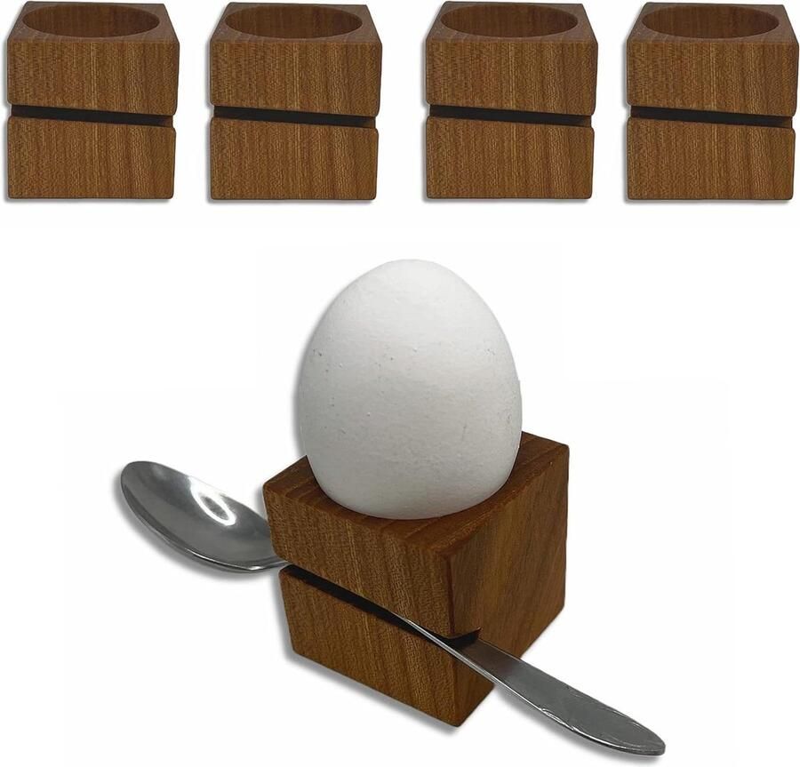 Eierdopjes van massief hout met lepelhouder modern hoekig design set van 4