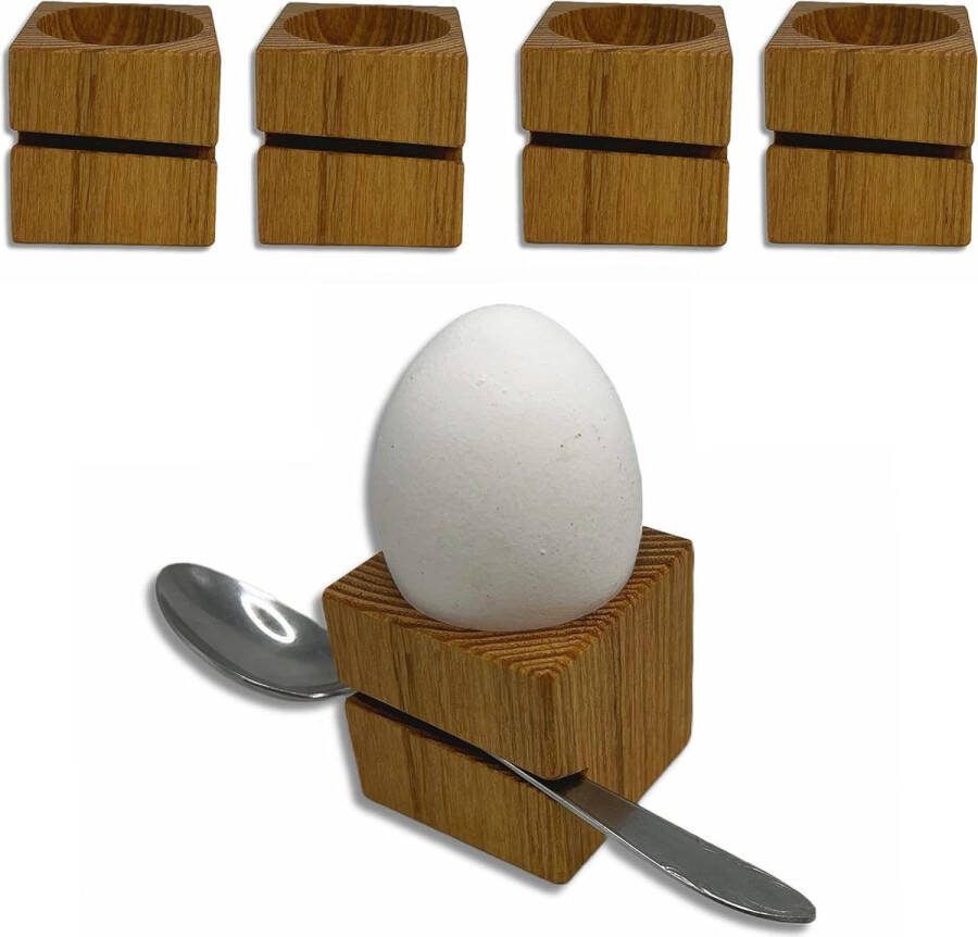 Eierdopjes van massief hout modern design inclusief lepelhouder 4 stuks acacia 45 x 45 x 45 cm