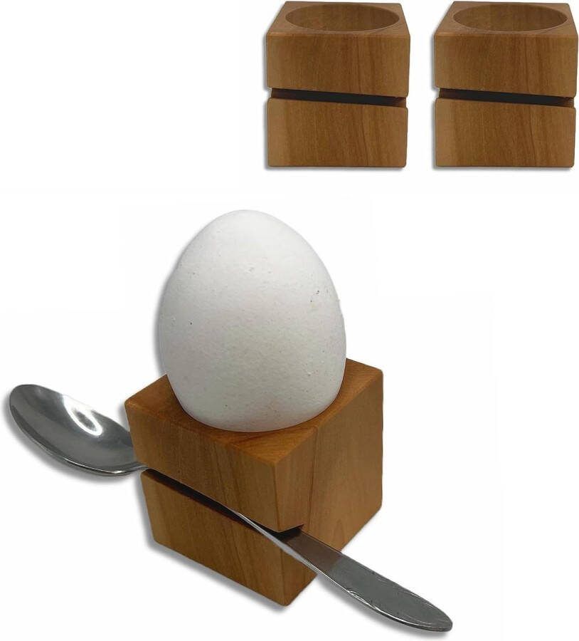 Eierdopjes van massief hout modern hoekig design incl. lepelhouder