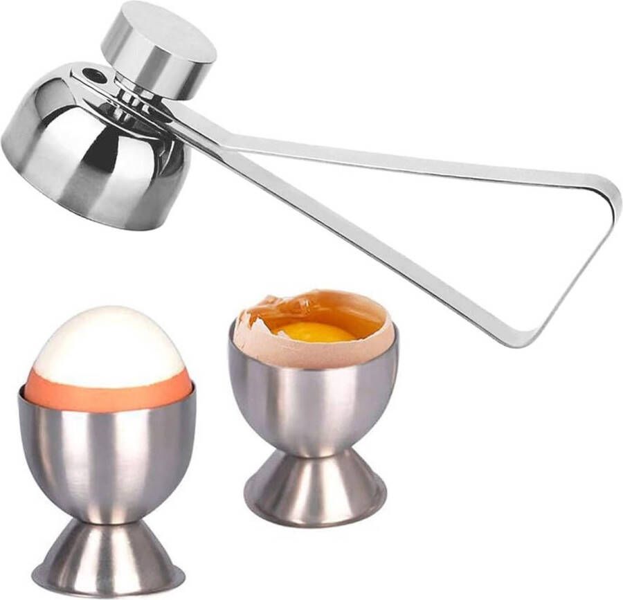 Eierdopset roestvrijstalen eierbekerhouder en dubbelzijdige eierdeksel-opener grote paaseierenmok voor zacht gekookt ei (2 stuks + 1 eieropener)