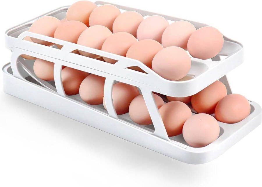 Eierhouder koelkast dubbele rij eieren opslag koelkast dubbele automatische eierhouder roldown-eierorganizer ruimtebesparende eierbox voor keuken (wit)