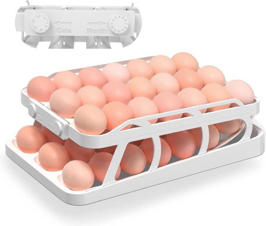 Eierhouder koelkast dubbele rijen eieren opslag koelkast dubbele automatische eierhouder roldown-eierorganizer ruimtebesparende eierbox voor keuken (wit 3 rijen en 2 etages)