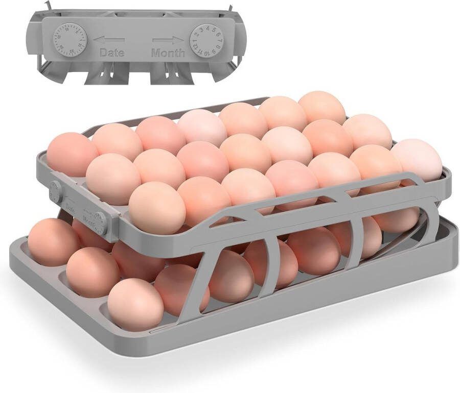 Eierhouder koelkast dubbele rijen eieren opslag koelkast dubbele automatische eierhouder roldown-eierorganizer ruimtebesparende eierbox voor keuken (grijs 3 rijen en 2 etages)
