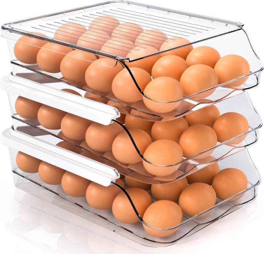 Eierhouder voor koelkast 3-laags eierdispenser Automatische rollende eiercontainer 54 compartimenten Stapelbaar eierrek Eiercontainer voor koelkast Eieropslag Eierladedozen