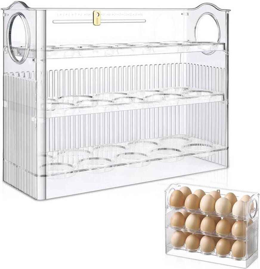 Eierhouder voor koelkast 30 eieren lade-organizer stapelbare eierbewaardoos koelkastdeur 3-laagse flip-eierhouder transparant