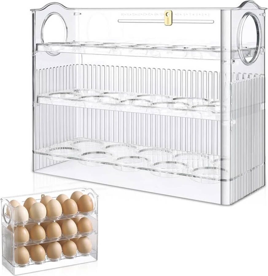 Eierhouder voor koelkast eieren lade-organizer voor 30 eieren stapelbare eierbewaardoos voor koelkastdeur 3-laagse flip-eierhouder transparant