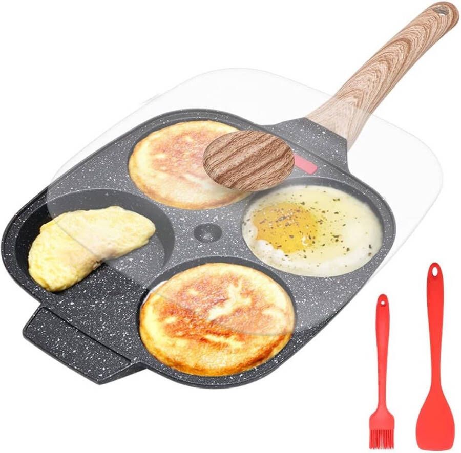 Eierkoekenpan met antiaanbaklaag pannenkoekenpan met deksel aluminium pan met 4 gaten voor ontbijt gebakken eieren of hamburgers voor inductiekookplaten en gaskookplaten