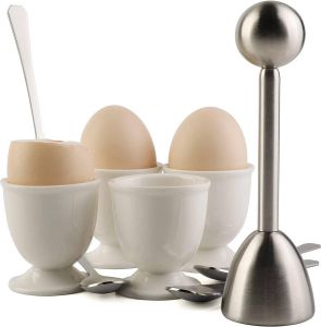 Eierkraker-bevestigingsset voor het verwijderen van de schaal van zachte hardgekookte eieren Inclusief 1 eiersnijder 4 keramische eierdopjes en 4 lepels