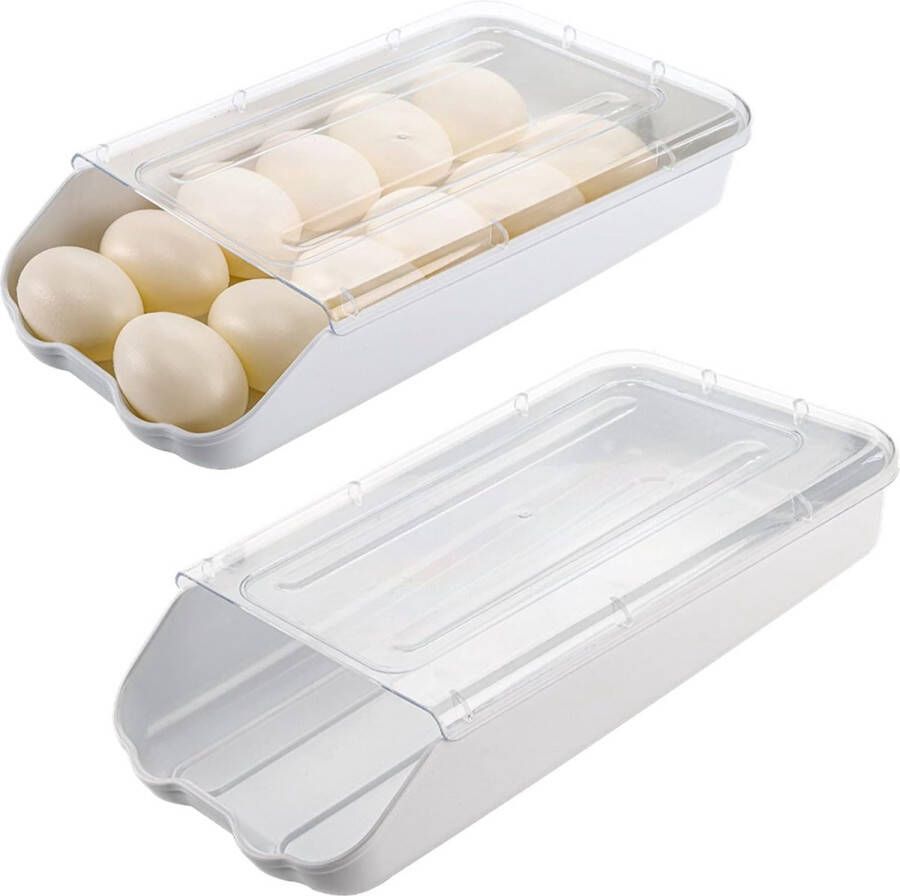 Eieropbergdoos automatisch scrollen plastic eierdispenserhouder met transparant deksel stapelbaar eierrek voor koelkast (wit)