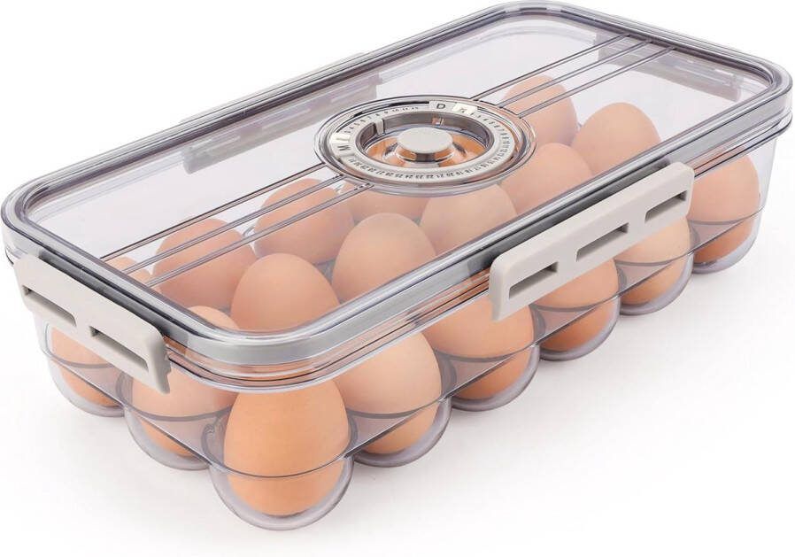 Eieropslag-koelkastorganizer met timerdeksel Transparante eierenkoelkast Eierdoos Plastic en BPA-vrij Voor 18 eieren Draagbare stapelbare eierdoos met maand- dagtimer