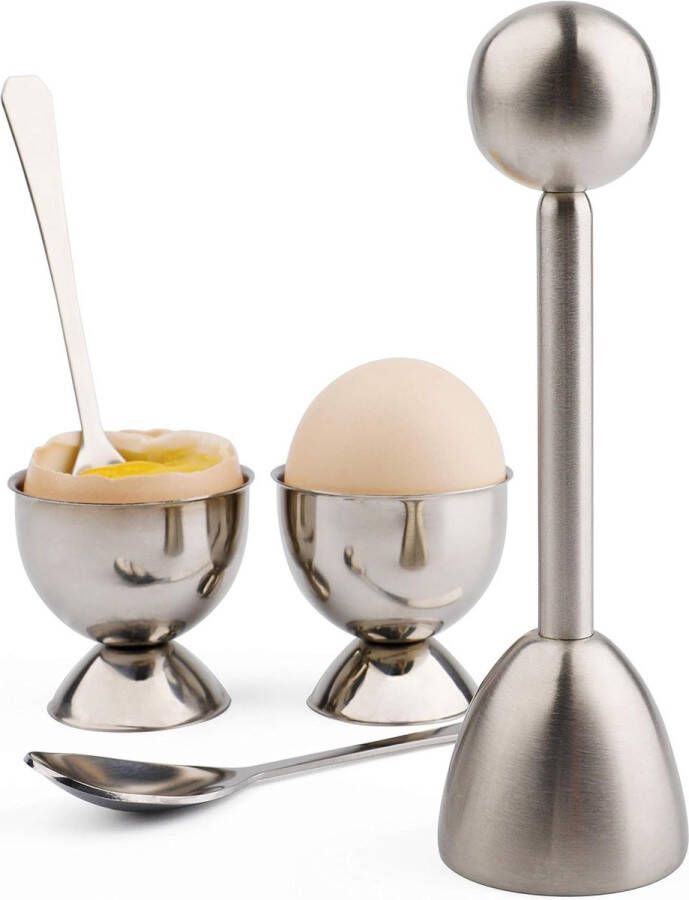 Eierscheider Topper Set voor zachtgekookte eieren Roestvrijstalen schilverwijderaar Inclusief 2 eierdopjes 2 lepels 1 cakemes