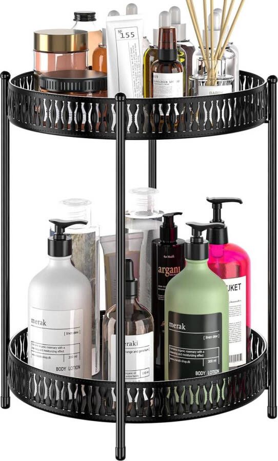 Vanity Organizer voor Parfum Huidverzorging Opslaan 2-Tier Badkamer Organizer Kruidenrekken 26x32cm (Bloemen Zwart)