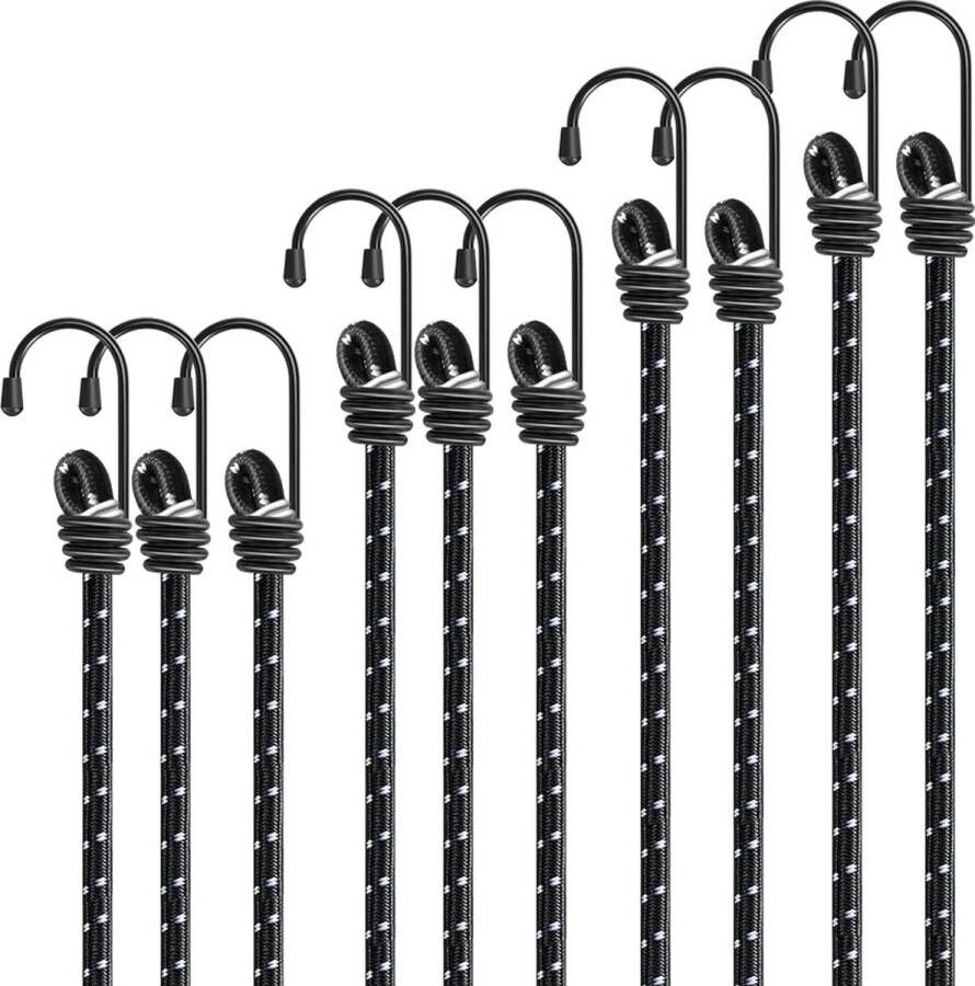 Elastische Koorden Bungee Koorden Set van 10 stuks 80cm Zwarte Bungee Koorden met Haken voor de Bescherming van Meubels Trolleys Kampeertenten Motoren E08