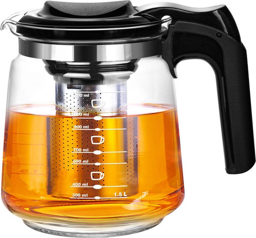 Elegante glazen theepot koffiepot met klepdeksel 1500 ML Hittebestendig borosilicaatglas RVS filter tot de bodem filter verwijderbaar