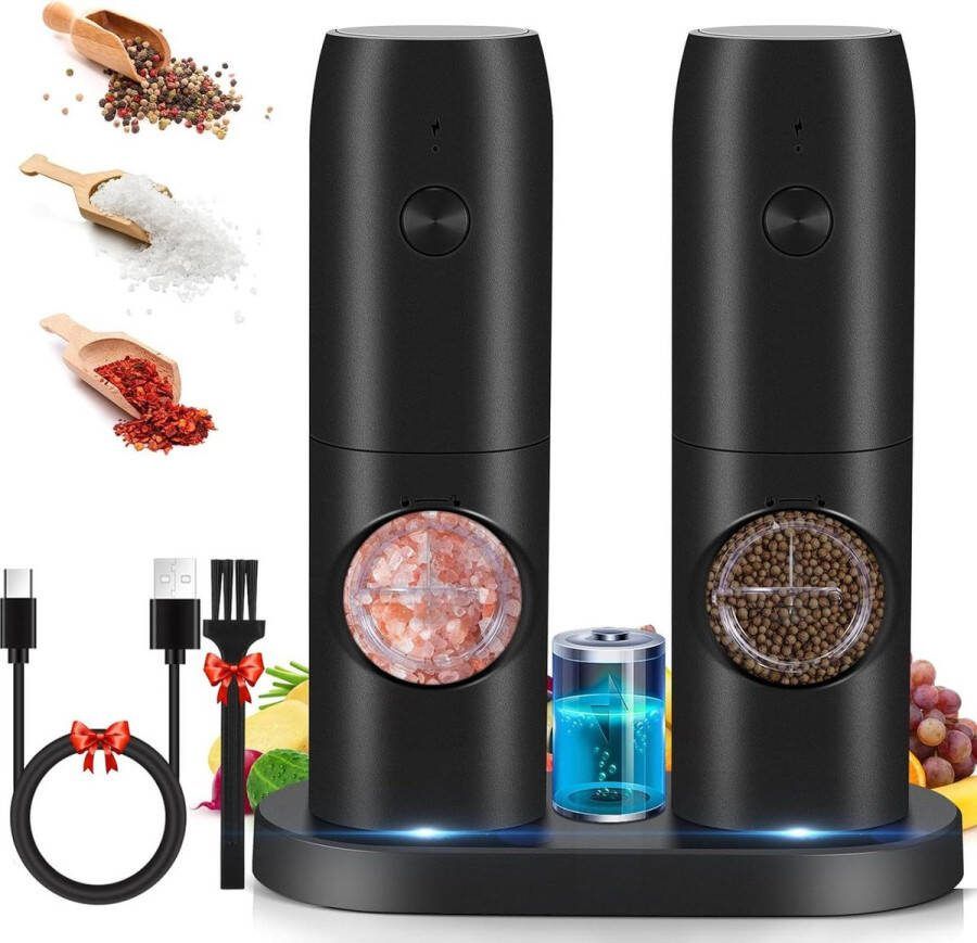 Elektrische 2-in-1 zout- en pepermolenset met USB-oplaadbasis en verstelbare grofheid ledlicht pepermolens voor barbecue-restaurantkeuken