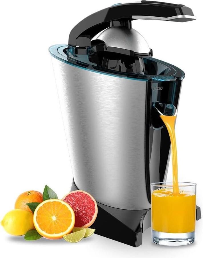 Elektrische arm citruspers EssentialVita Hyden 600 Steel krachtige citruspers voor vers sap roestvrijstalen filter 2 afneembare kegels pershendel antidruppelsysteem vaatwasmachinebestendig citruspers