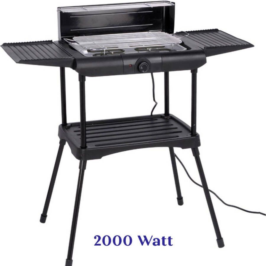 Elektrische Barbecue 2000W- Staand Model Grilloppervlak (LxB) 36x24 cm -Zijtafels Compact- Zwart