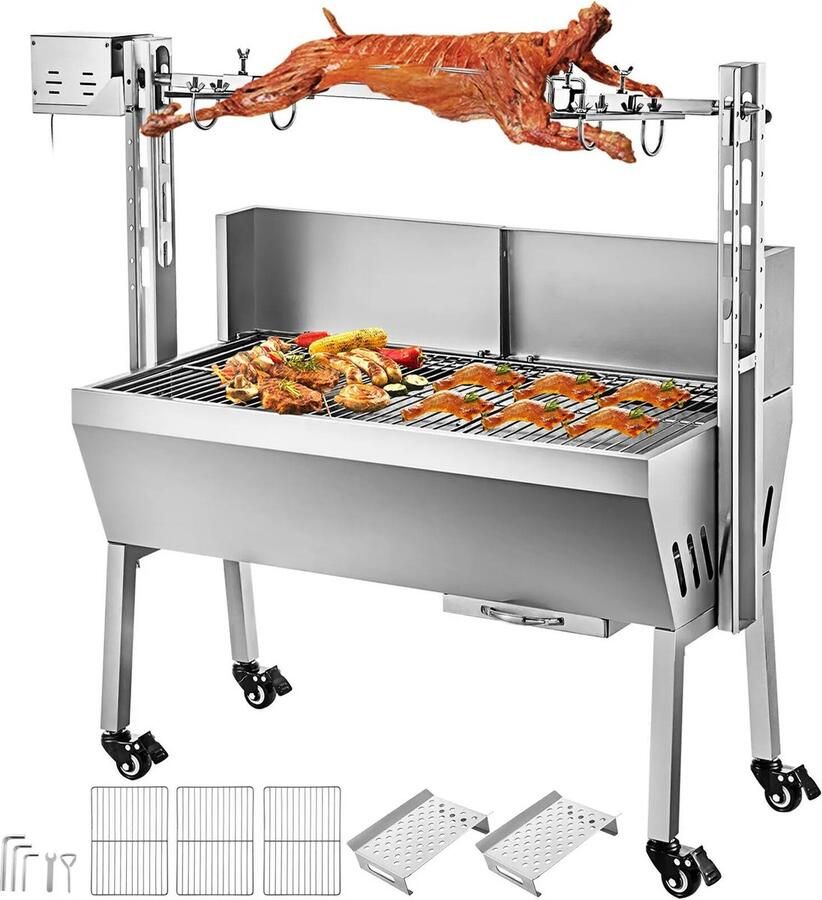 Elektrische BBQ Rotisserie Grill W Afsluitbare Wielen Grill Roosteren Rundvlees Vis Voor Outdoor Camping Barbecue BBQ- Draaispit Buiten Kamperen