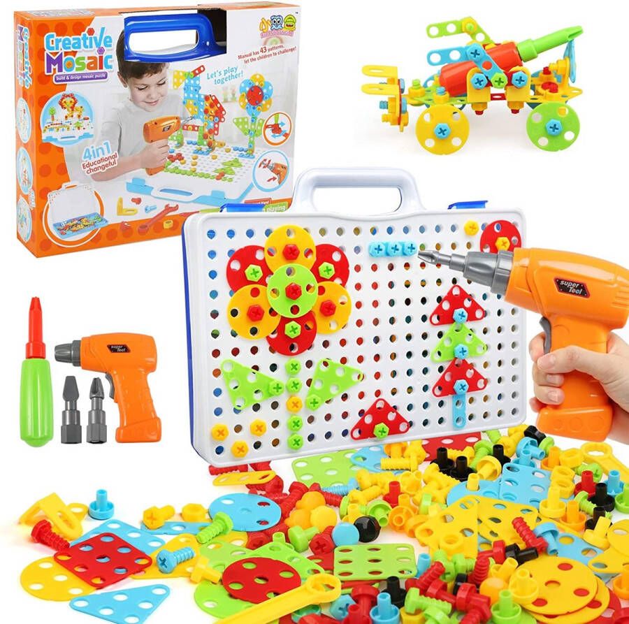 Elektrische boor 3D-Puzzelspeelgoed 237-Delig Mozaïek Pegboard-Constructiespeelgoed Educatieve Creatieve Bouwstenen Set Met Opbergdoos Schroefmoeren Gereedschap uit Elkaar Halen Spellen