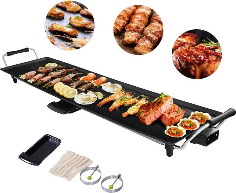 Elektrische grill 90 x 23 cm elektrische grillplaat 1800 W teppanyaki-grill met anti-aanbaklaag indoor BBQ grill incl. 6 houten spatels en anti-aanbak-eierring tafelgrill verstelbare