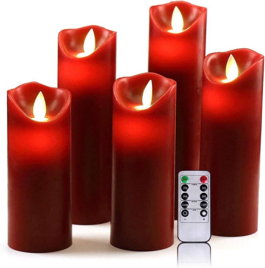 Elektrische kaarsen LED Kaarsen Kerstmis Kaarsen 300 Uur Decoratieve Kaarsen Zuilen in 5-delige set (10 2 cm 12 7 cm 15 2 cm 17 8 cm 20 3 cm) Rood