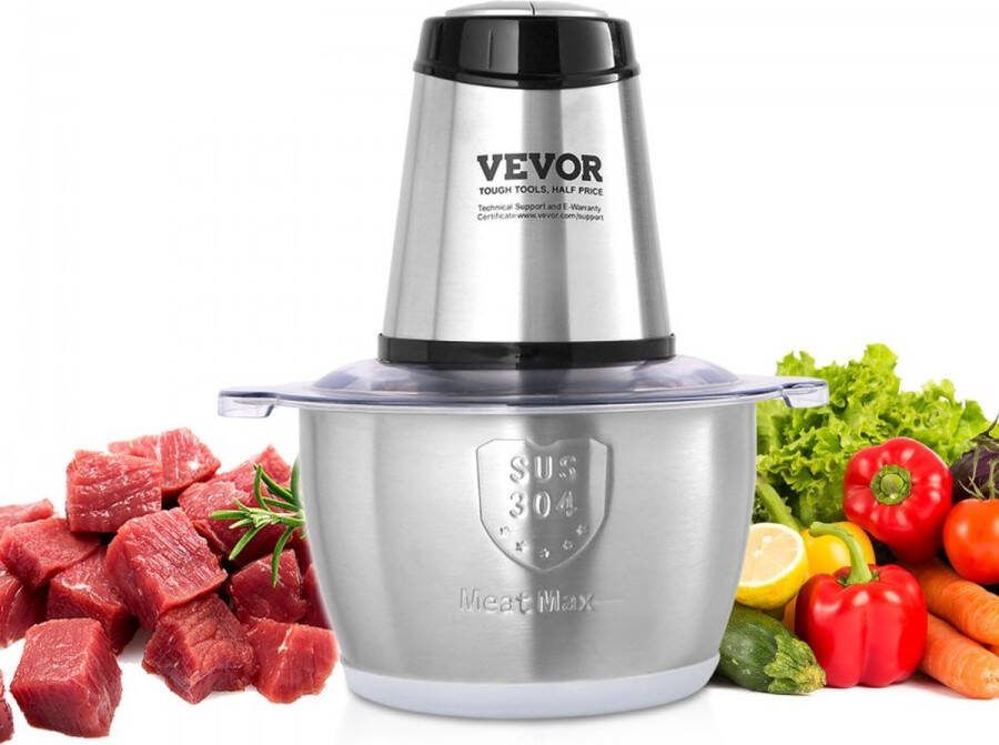 Elektrische keukenmachine vleesmolen 400 W multifunctionele hakmolen 2 L vulcapaciteit blender 3000 rpm + 4000 rpm groentesnijder inclusief roestvrijstalen kom & mes & schraper