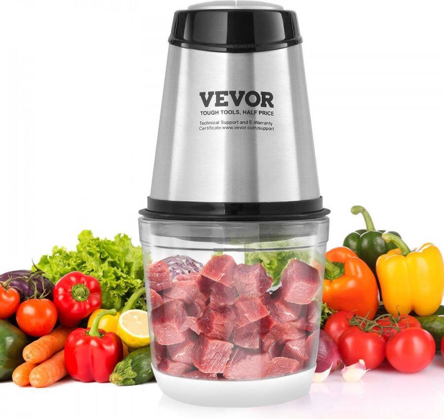 Elektrische keukenmachine vleesmolen 400 W multifunctionele hakmolen 600 ml vulcapaciteit blender 3000 tpm + 4000 tpm groentesnijder inclusief glazen kom & mes & schraper zilver