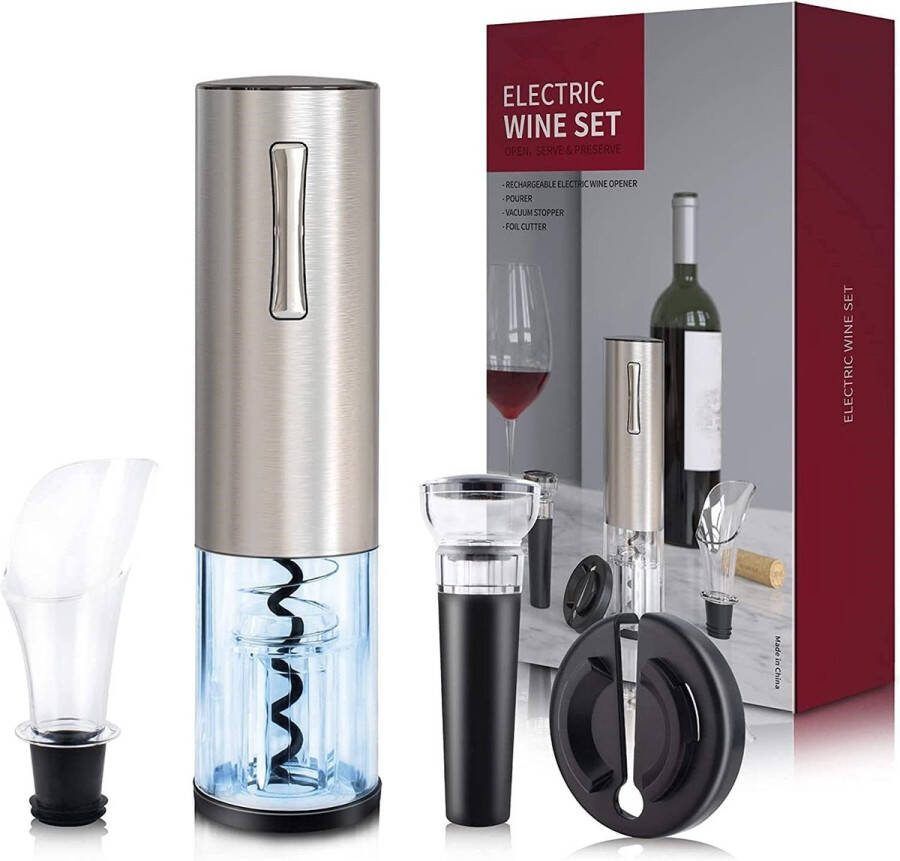 Elektrische kurkentrekker-kurkentrekker wijn-Elektrische kurkentrekker deluxe set-premium wijnflesopener met accu-wijnset met foliesnijder- wijnsluiting en karaf in hoogwaardige geschenkdoos-zilver