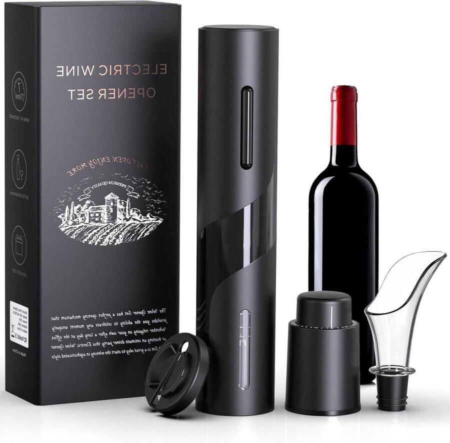 Elektrische kurkentrekker met automatische flesopener en foliesnijder voor Kerstmis feesten gezinnen cadeauset zwart