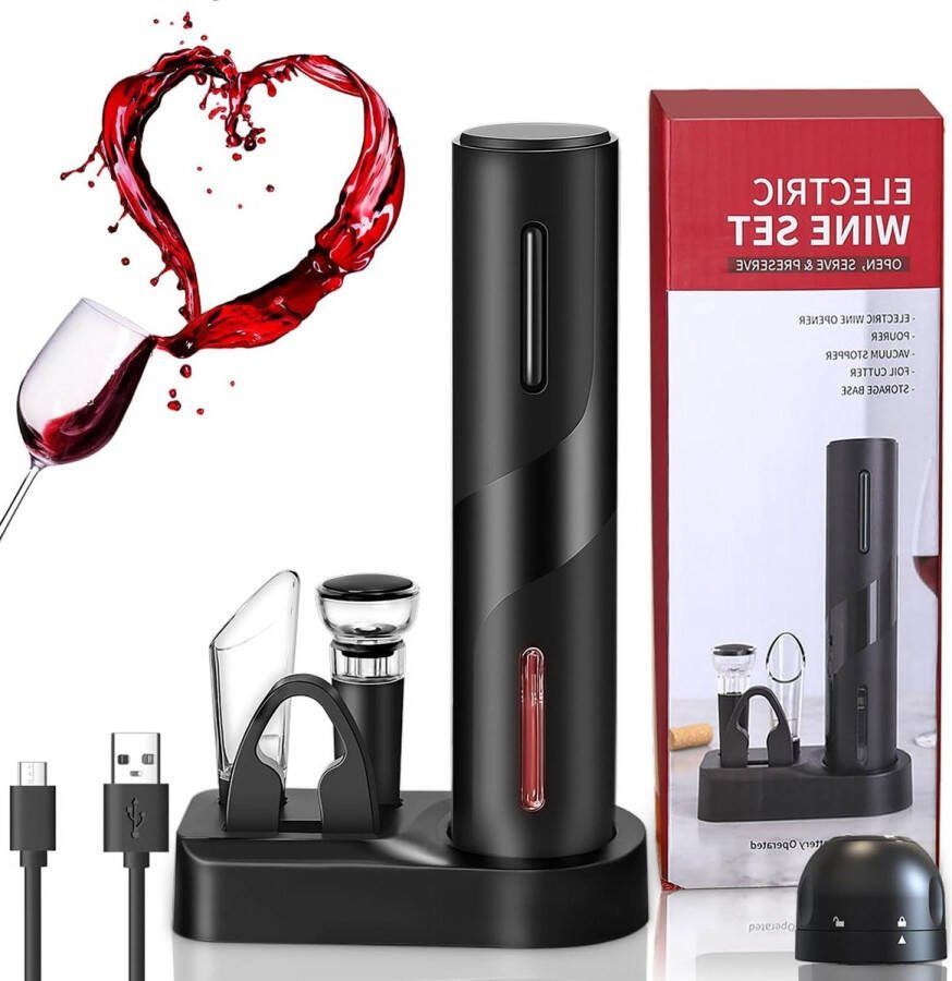 Elektrische kurkentrekker oplaadbaar 7-in-1 cadeauset met sokkel-uitsteekvorm-siliconen vacuümsluiting-champagnesluiting-schenktuit-USB-kabel
