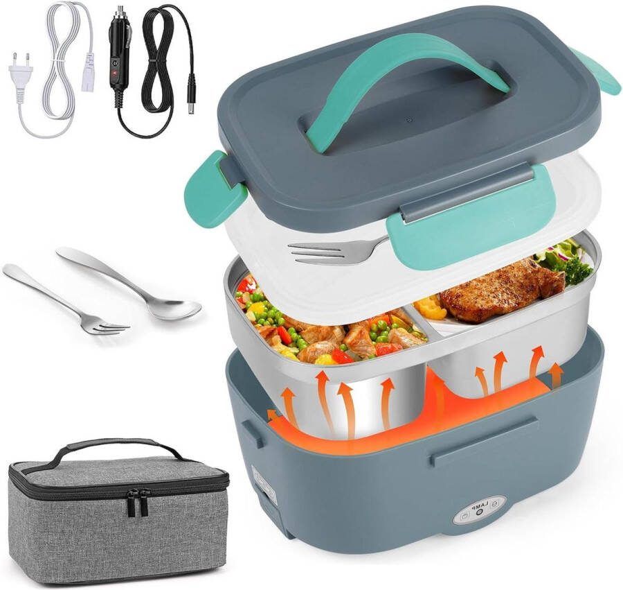 Elektrische lunchbox voedselverwarmer 15 liter 3-in-1 auto (12 V 24 V 220 V) met vork en lepel afneembaar roestvrijstalen draagbaar warmhoudbak voor onderweg