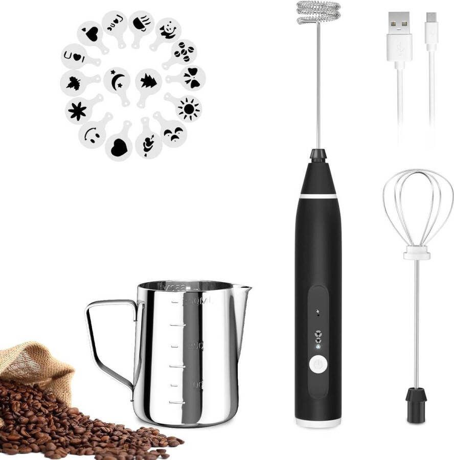 Elektrische melkopschuimer met 3 niveaus roestvrijstalen gardes voor koffie warme chocolademelk latte cappuccino 12 V oplaadbaar frappe mixer