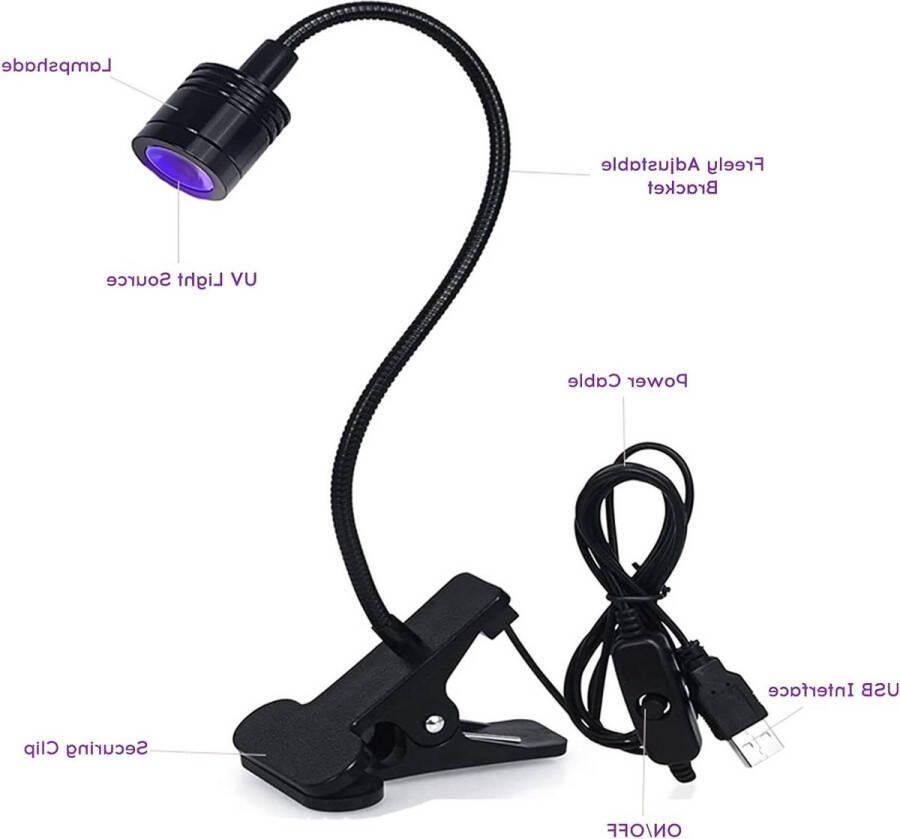 Elektrische Nageldroger voor UV LED Gel Nail Polish Mini Gooseneck Resin Curing Lamp USB 3 W UV Light Paars met Clip (1)