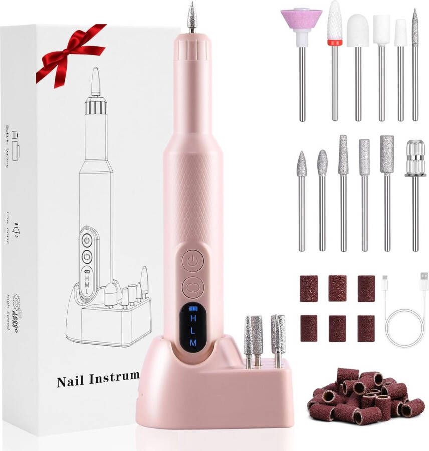 Elektrische Nagelvijlen Draadloze Elektrische Nagelboormachine met 12 nagelboren Instelbare Snelheid Elektrische Manicure- en Pedicureset Voor Thuis- en Salongebruik Draagbare E-vijlset met Oplaadbare Basis（Roze）