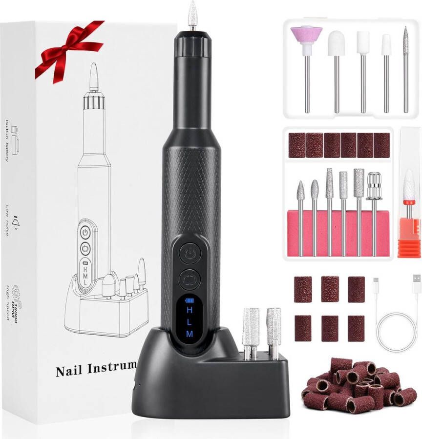 Elektrische Nagelvijlen Draadloze Elektrische Nagelboormachine met 12 nagelboren Instelbare Snelheid Elektrische Manicure- en Pedicureset Voor Thuis- en Salongebruik Draagbare E-vijlset met Oplaadbare Basis（Zwart）