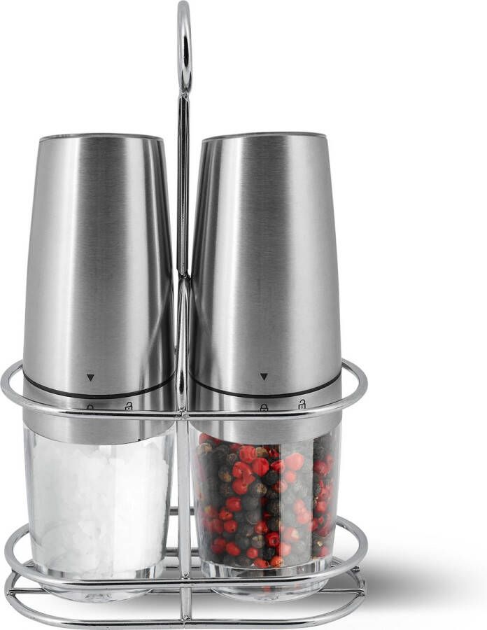 Elektrische Peper en Zoutmolen Set van 2 Stuks RVS Kruidenmolen Specerijenmolen Spice Grinder- Inclusief RVS Houder