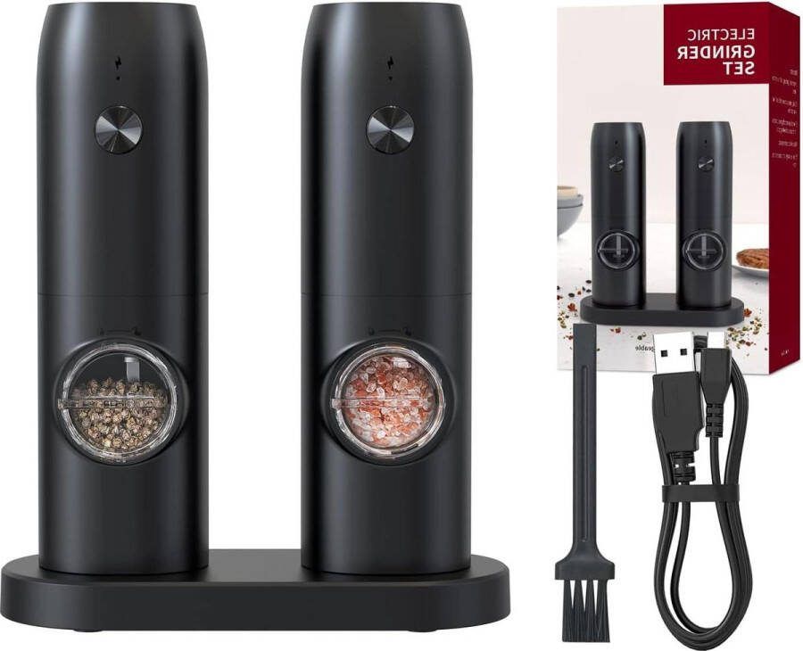 Elektrische Pepermolens USB-oplaadbaar Zout- en Peperset Basis Keramische Malen Instelbare Grofheid Automatische Molen Thuis Keuken