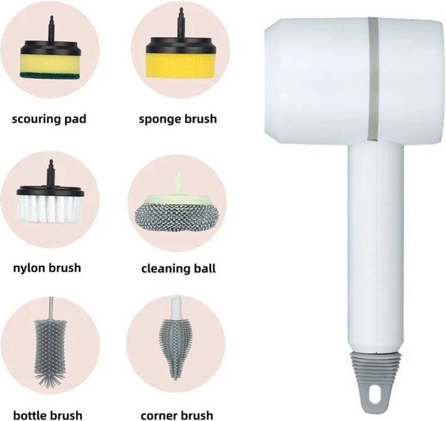 Elektrische Schoonmaakborstel Hand Schrobber Schoonmaak borstel elektrisch Oplaadbaar Schrobborstel Schrobmachine Poetsmachine met 6 opzetstukken Voor badkamer of keuken Wit