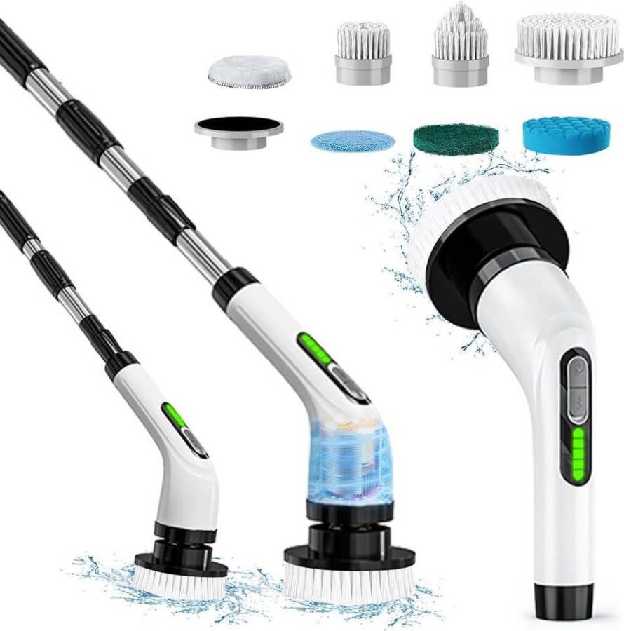 Elektrische spinschrobber met 7 vervangbare opzetborstels en verstelbare verlenggreep draadloze schrobborstel voor keuken badkamer douche reiniging