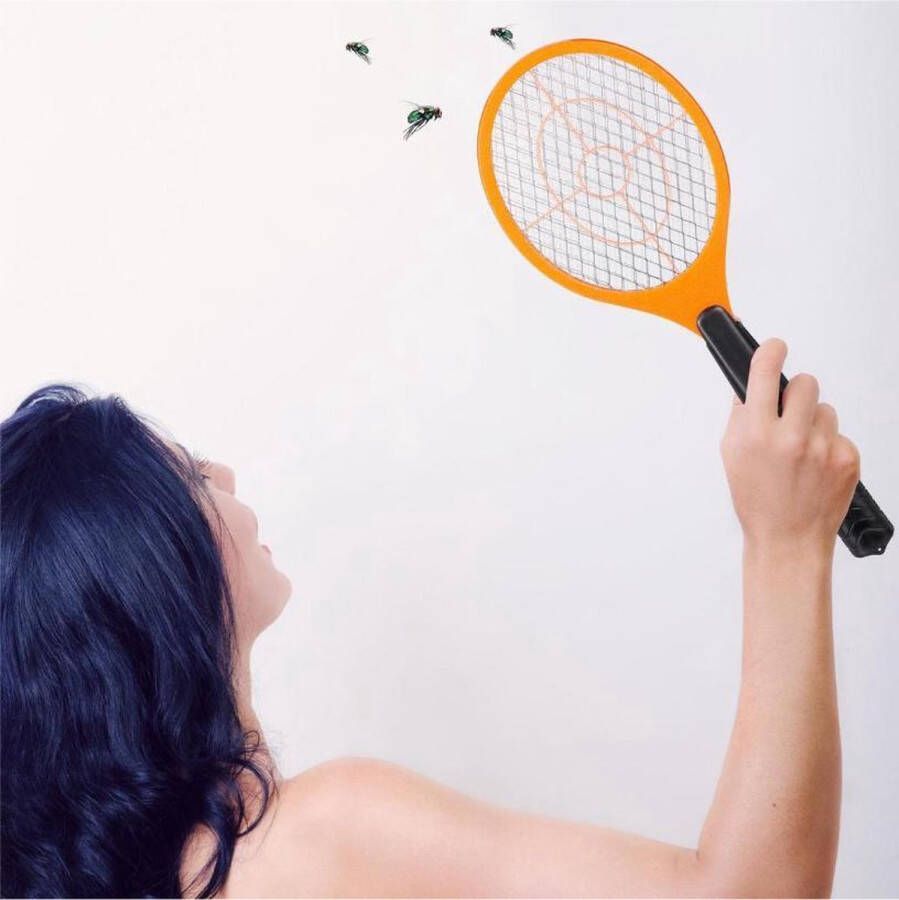Elektrische vliegenmepper ongediertebestrijder Fly swatter tegen muggen vliegen elektrisch wespen oranje schadeloos voor huisdieren mensen