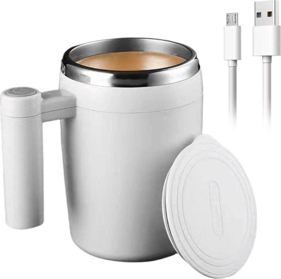Elektrische Zelfroerende Koffiebeker 380 ml Roestvrijstalen Beker met Deksel Automatische Mengbeker voor Koffie Thee Wit